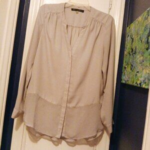 Gray Button Down V Neck with Sheer Panel